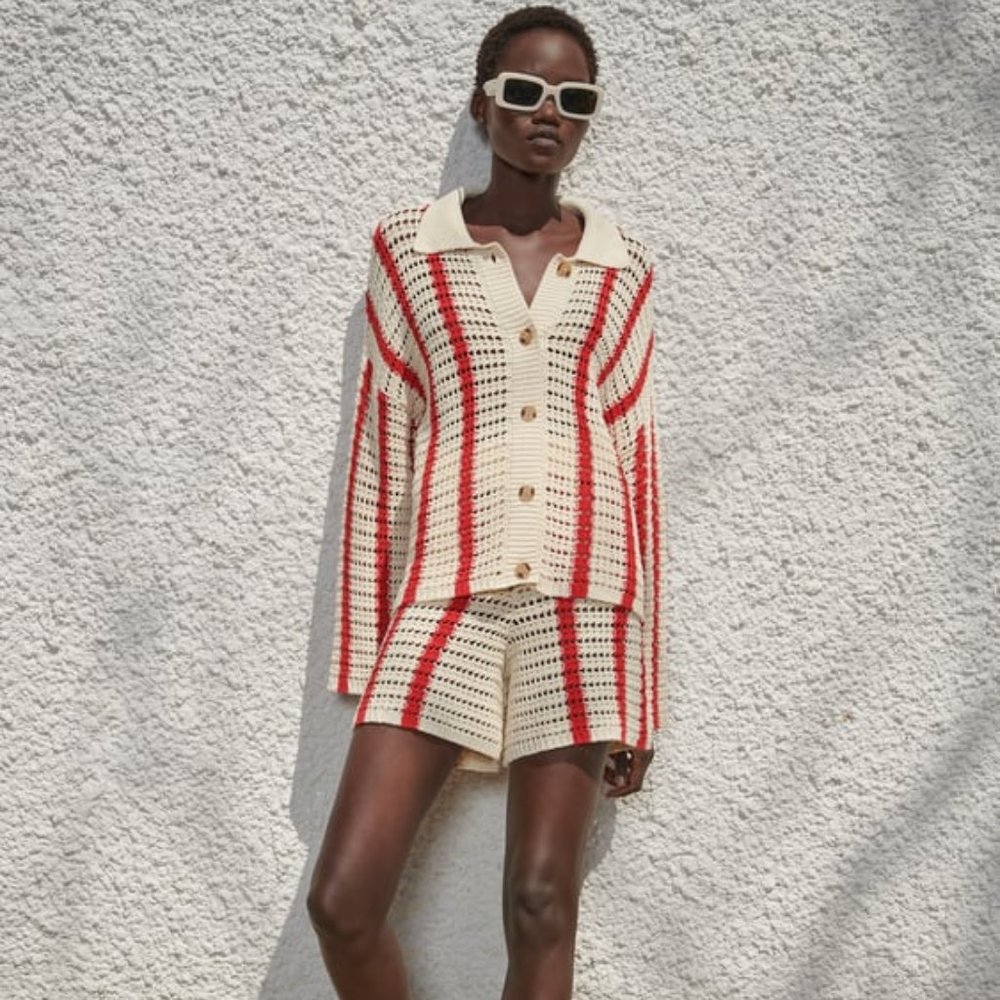 Zara Open Knit Striped Long Sleeve Cardigan